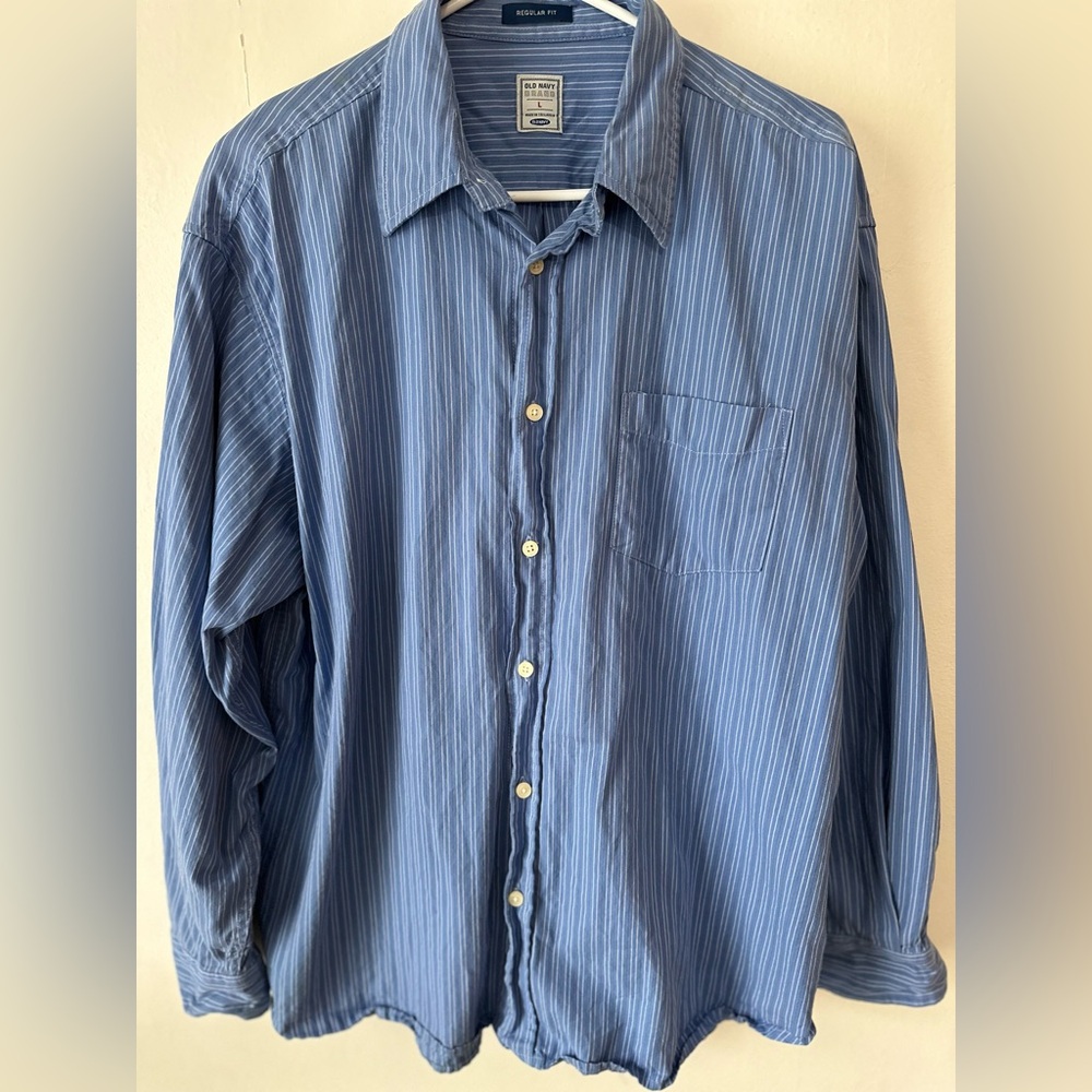 Blue and white striped button down dress shirt